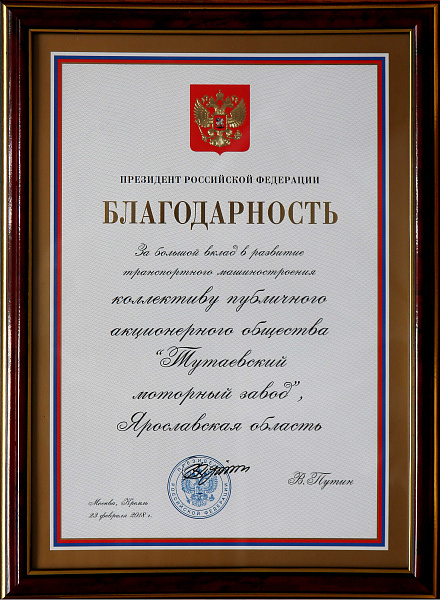 Благодарность от Президента России